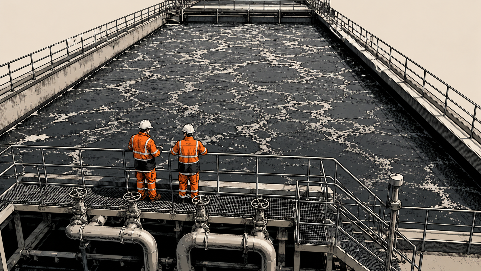 Illustrative water-treatment basin with two workers reviewing operations